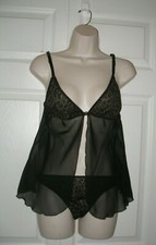 AEC Women's LARGE Vintage Black Sheer Negligee  Thongs Set 2 Piece Set