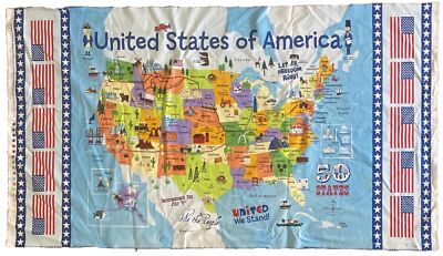 Cartoon USA United States of America Map Fabric Panel Timeless Treasures **READ