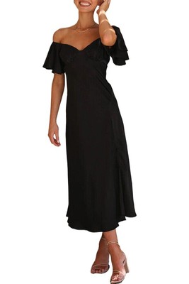 Summer Off the Shoulder Satin Side Slit Midi A Line Casual Holiday Dress Women