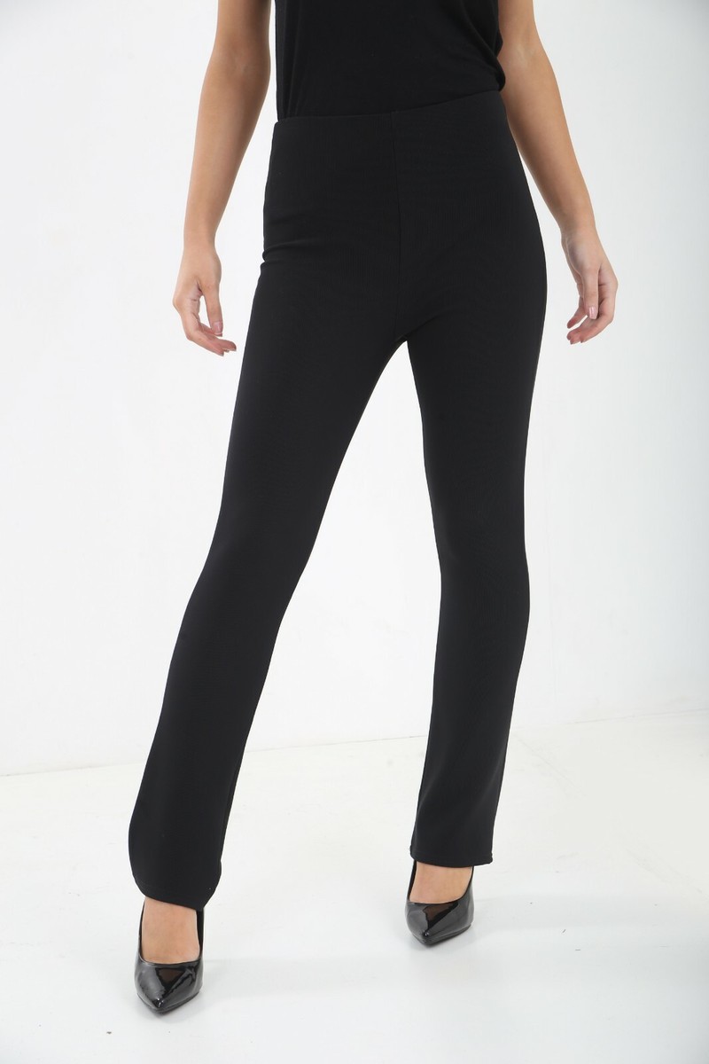 WOMENS STRAIGHT LEG TROUSERS LADIES STRETCH FINELY RIBBED PANTS PULL ON  BOTTOMS