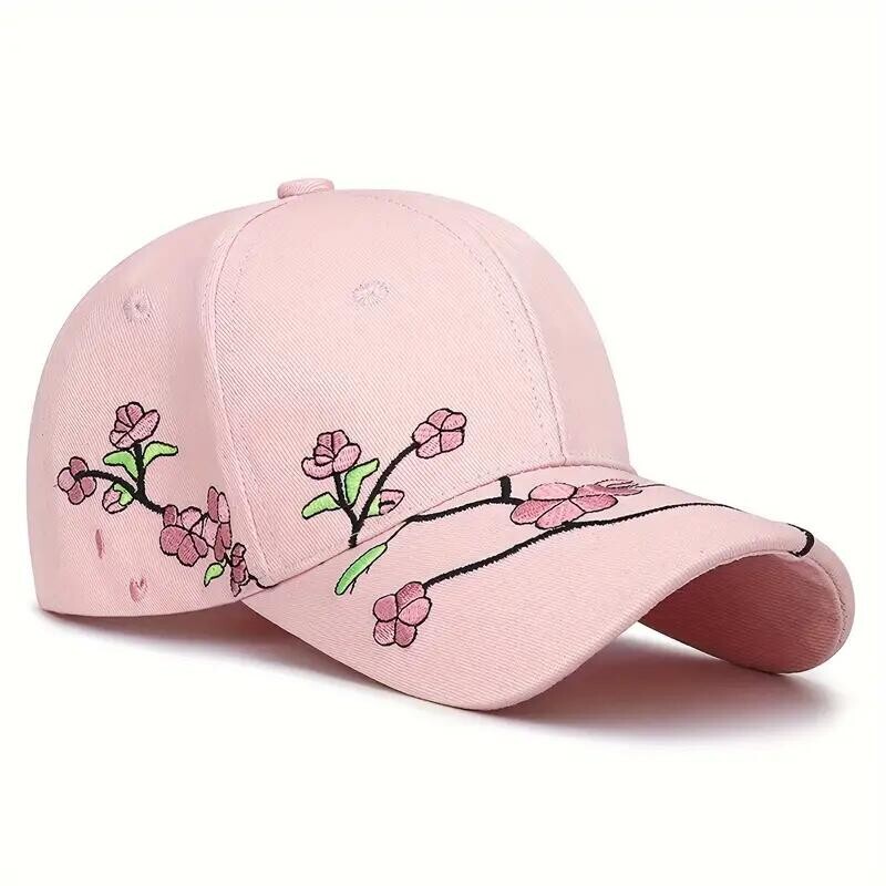 Pink Plum Blossom Embroidery Baseball Cap Elegant Flower  display picture 3