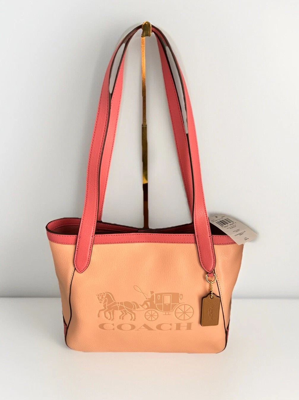 Nuova borsa Coach in pelle 27 rosa pesca blush C5775 carrozza cavalli colorblock