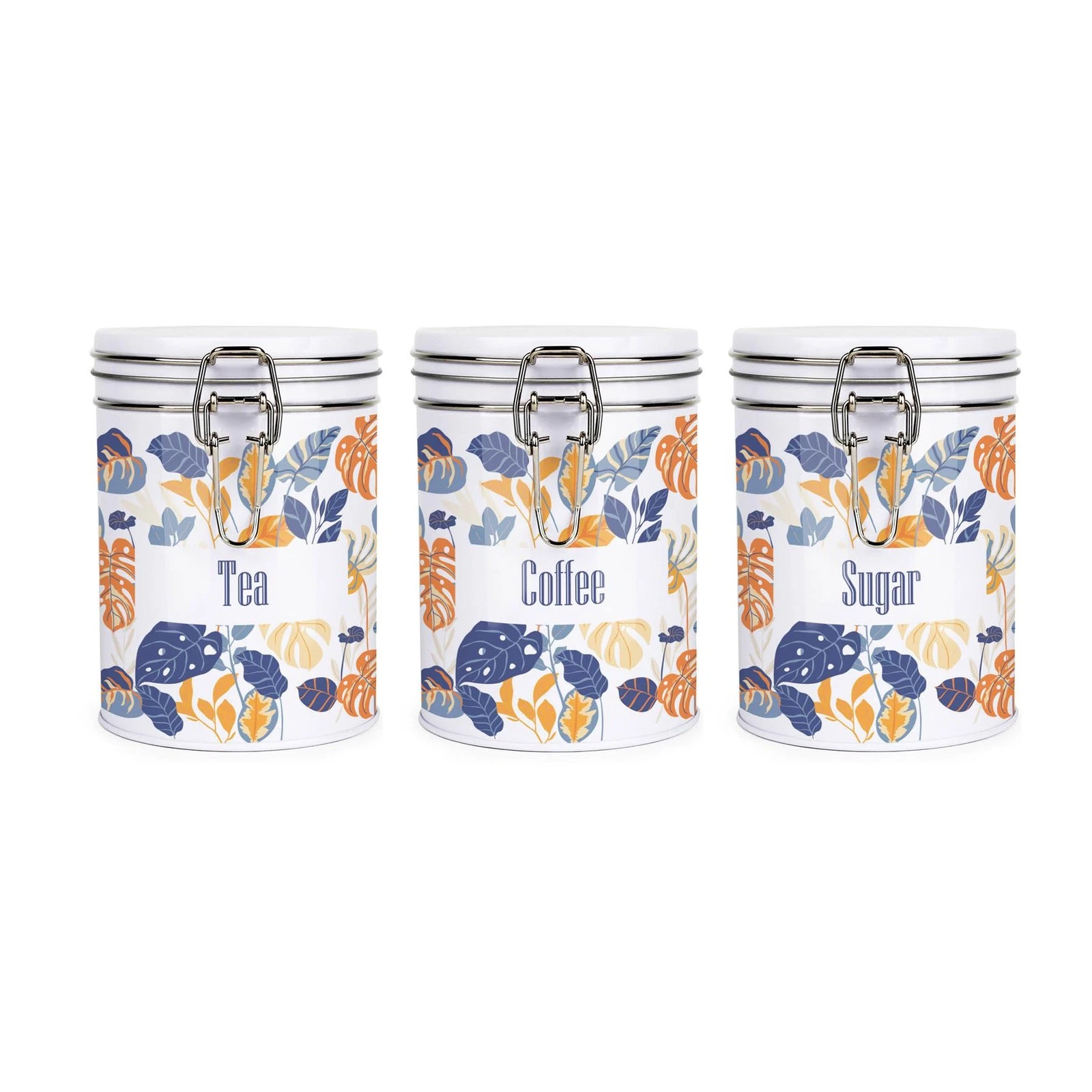 Orange Leaves Hot Drinks Canisters Set - Tea, Coffee & Sugar Storage Gift Tins