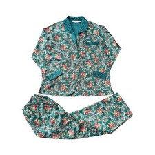 Victoria's Secret Vtg Gold Label Satin Pajama Set Pants Green Floral Womens L