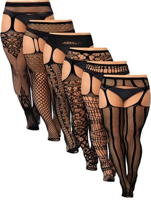 Skylety 6 Pairs Women Fishnet Suspender Pantyhose XX-Large-3X-Large, Black 