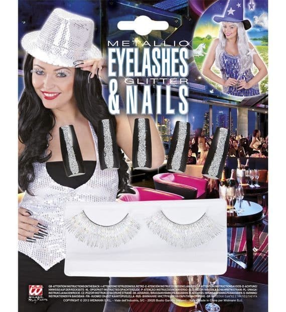 Silver Metallic Eyelashes & Glitter Nails Set Disco Party Glam