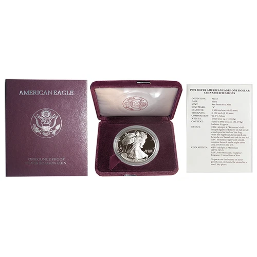 1992-S Proof $1 American Silver Eagle Box, OGP & COA