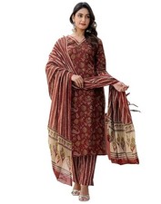 Women's Cotton Floral Printed Straight Kurta Pant with Dupatta Handblock print
