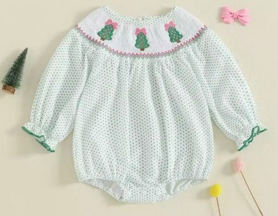 Baby Girls Boutique CHRISTMAS TREE Smocked  Bubble  Romper Onepiece Green Dot