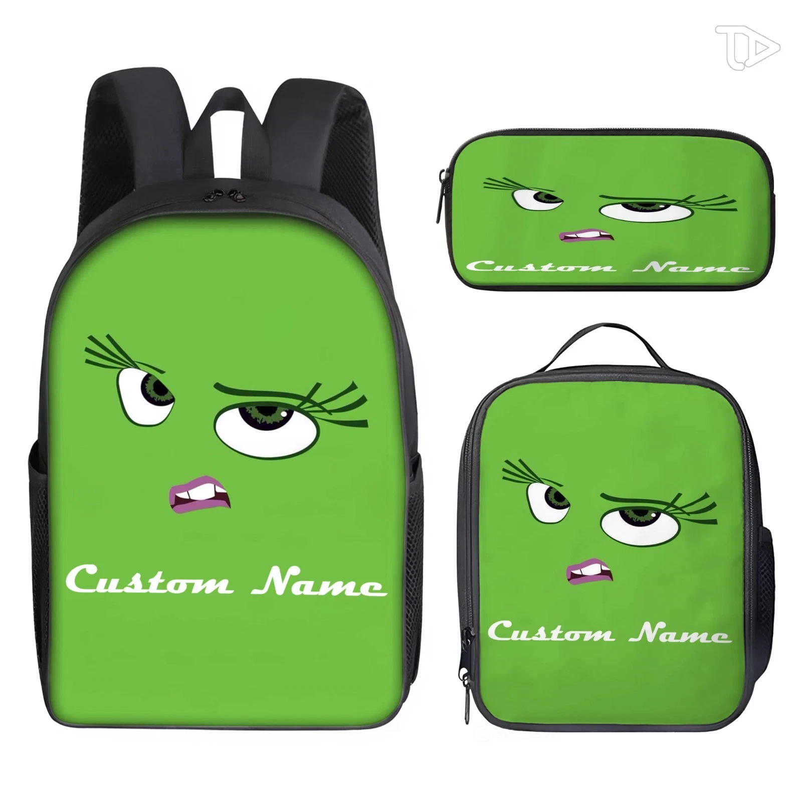 Personalized Playful Green Character Backpack Set for Kids, Custom Name School