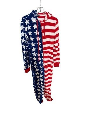 Follow Me American Flag Fleece Hooded Zip Jumpsuit Pajamas S Unisex