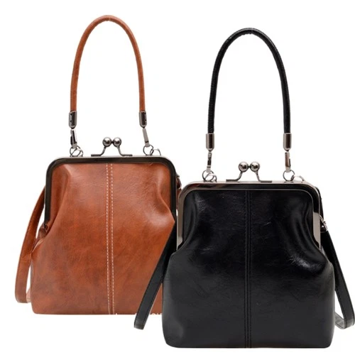 Women's Kiss Lock Crossbody Bag PU Leather Kiss Clasp Purse Handbags