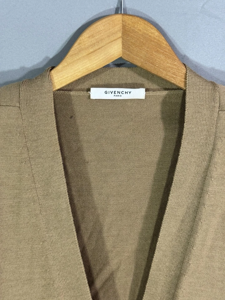 Cárdigan Givenchy para mujer XS lana tostada seda retazos bolsillos boho diseñador único Foto 4 de 4