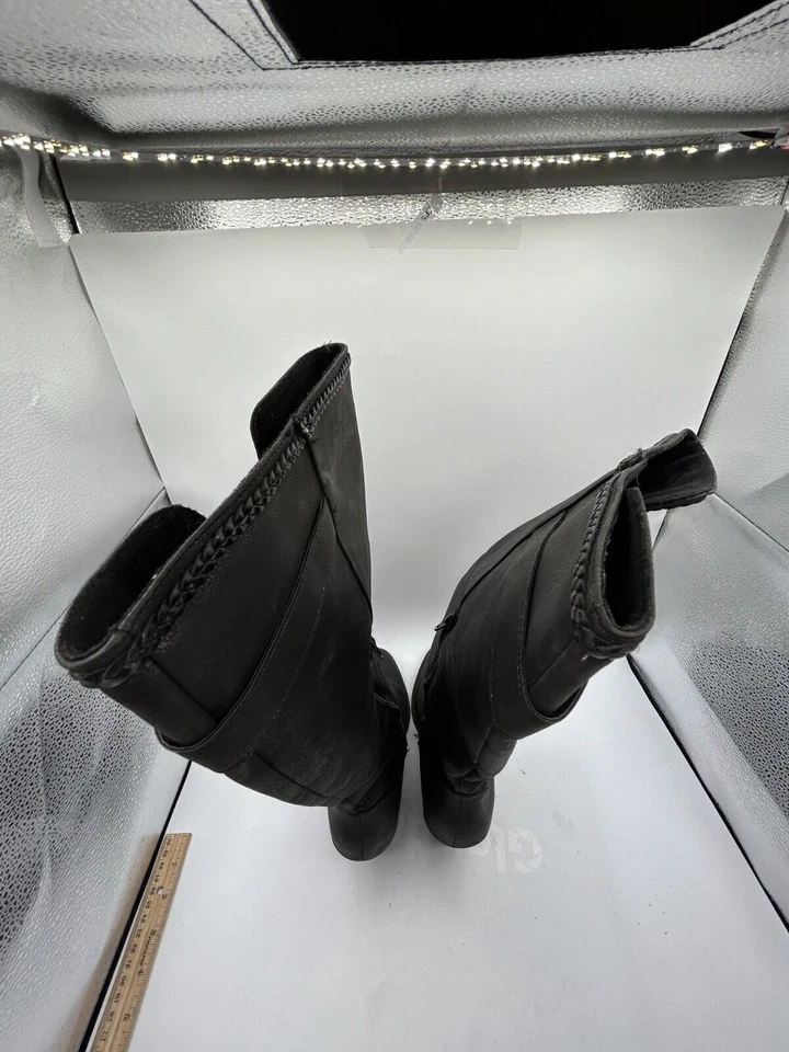 Bota hasta la rodilla de tacón ancho para mujer talla 9 correa de hebilla de cuero negro punta almendra Foto 4 de 4