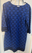 Talbots Medium Petite Blue Trellis Print Knee Length Shift Dress 3/4 Sleeves