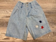 Vtg 80s High Waist Mom Denim Pleated Front Star Appliques Cotton Jean Shorts S