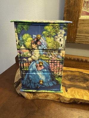 Vintage Avon Floral Garden Blue Victorian Young Lady Vanity Jewelry Box 3 Drawer