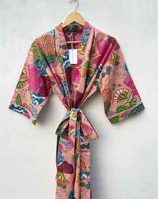 Indian 100% Cotton Long Kimono Women's Bath Robe Peach Color Floral Kimono Robe