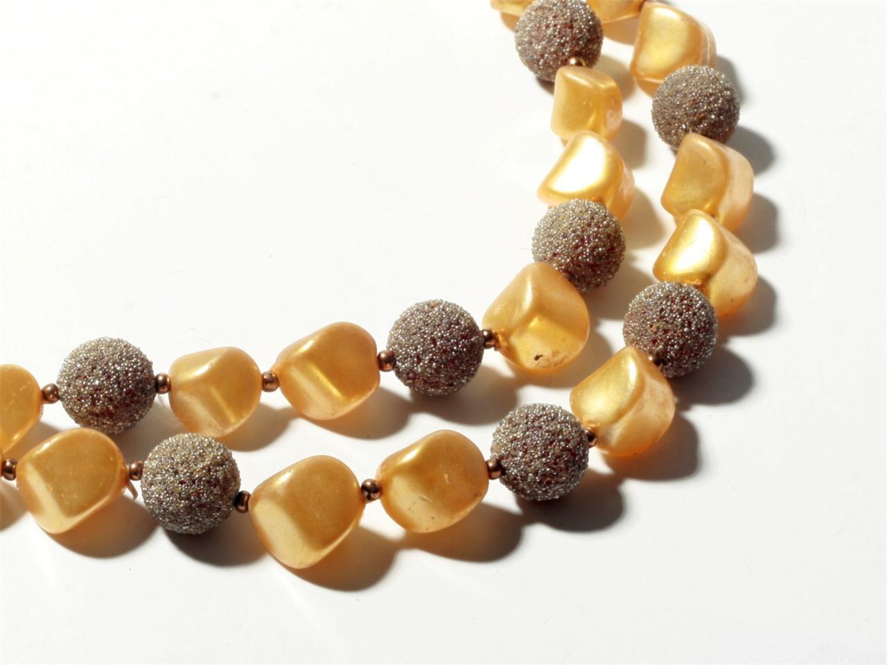 Vintage Czech 2 strand necklace pinched gold pearl ballotini glass