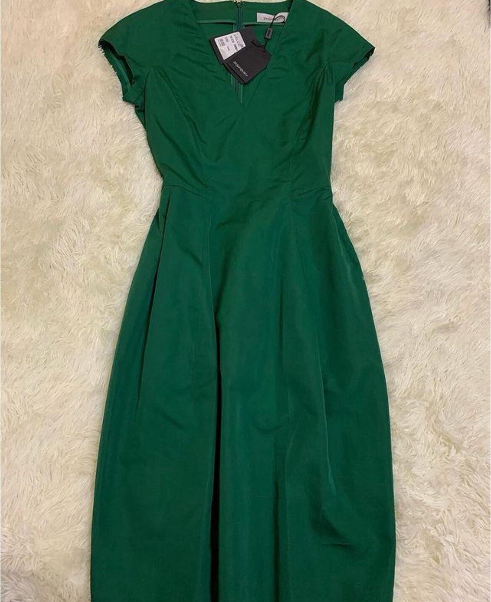 YVES SAINT LAURENT V NECK PENCIL DRESS green Short Sleeve Sz 36 38 S M 6 4  | eBay