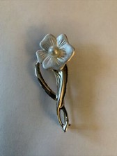 Silver Tone White Flower Faux Pearl Brooch Lapel Pin 2.25"