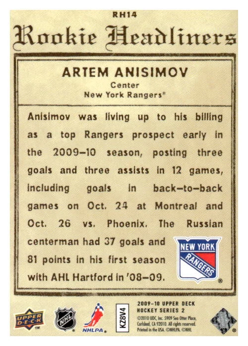 2009-10 Upper Deck #RH14 Artem Anisimov Rookie Headliners - Image 2 of 2