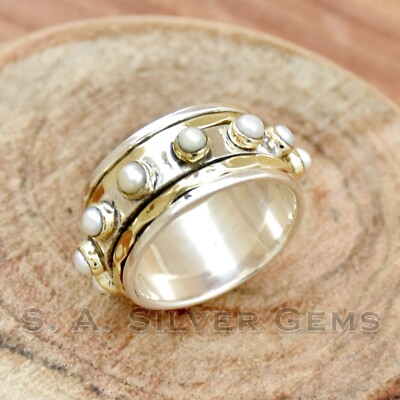 Pearl Ring, Dainty Ring, Handmade Ring Spinner Ring, Two Tone Ring, Women Ring