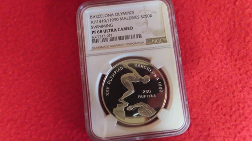 1990 Maldives Barcelona Spain Olympics Swimmer 1oz .925 Silver NGC PR69