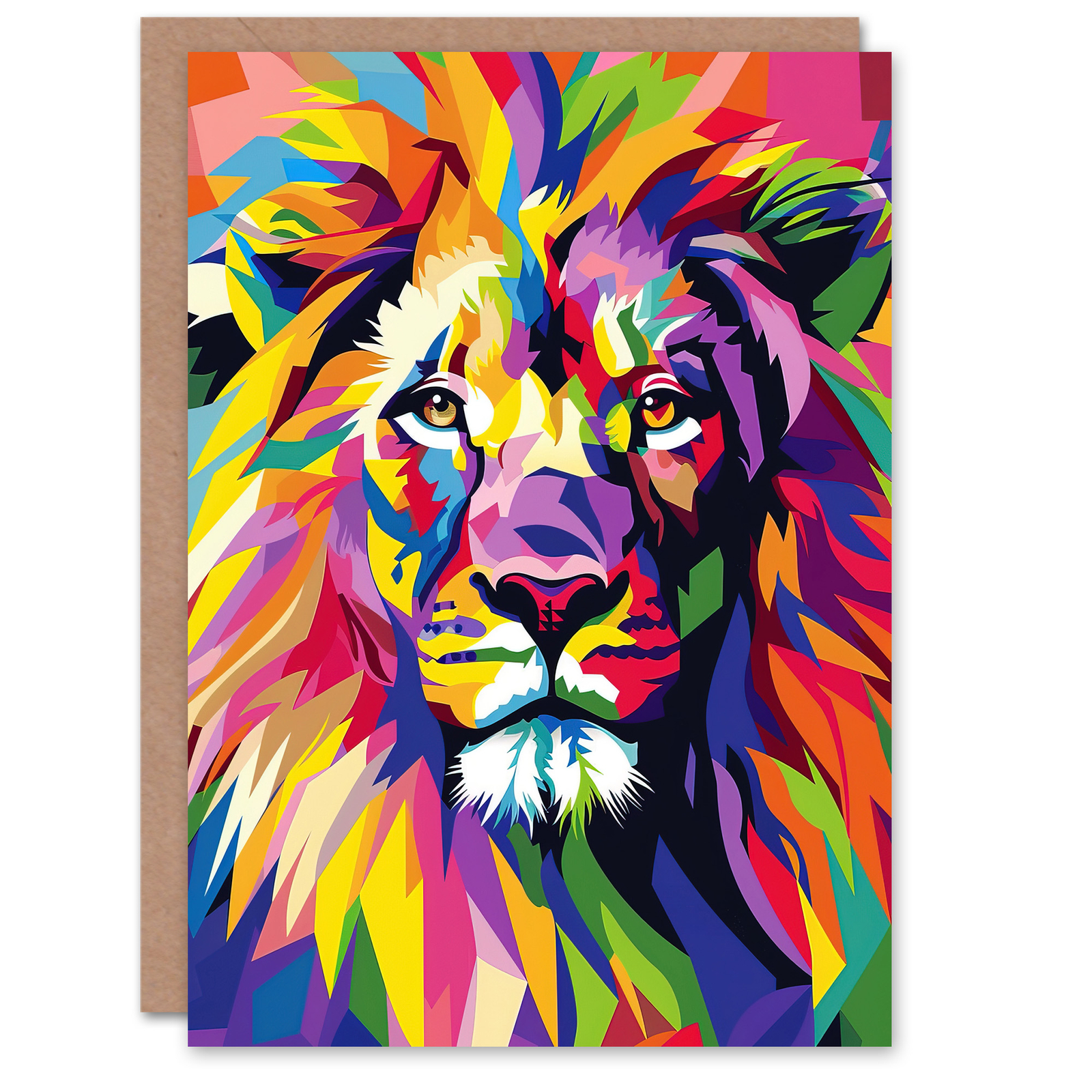Lion Head Colourful Vibrant Geometric Design Greeting Card Birthday Him Her