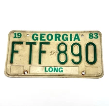1983 Georgia License Plate Long County FTF-890 Green & White Vintage Single Tag