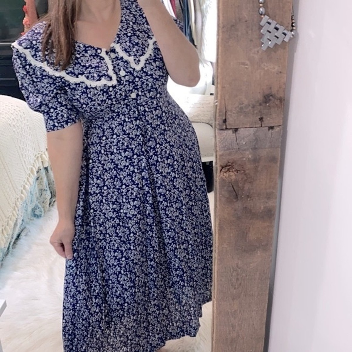 blue dress white peter pan collar Knit Stripe Peter Pan Collar Dress