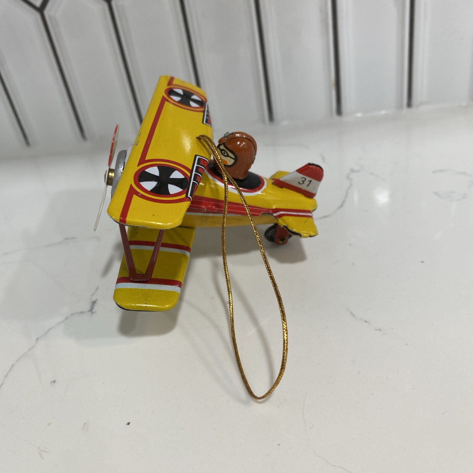 Vintage ZZ Germany Tin Litho Yellow Airplane Ornament #31 Bi-Plane Christmas