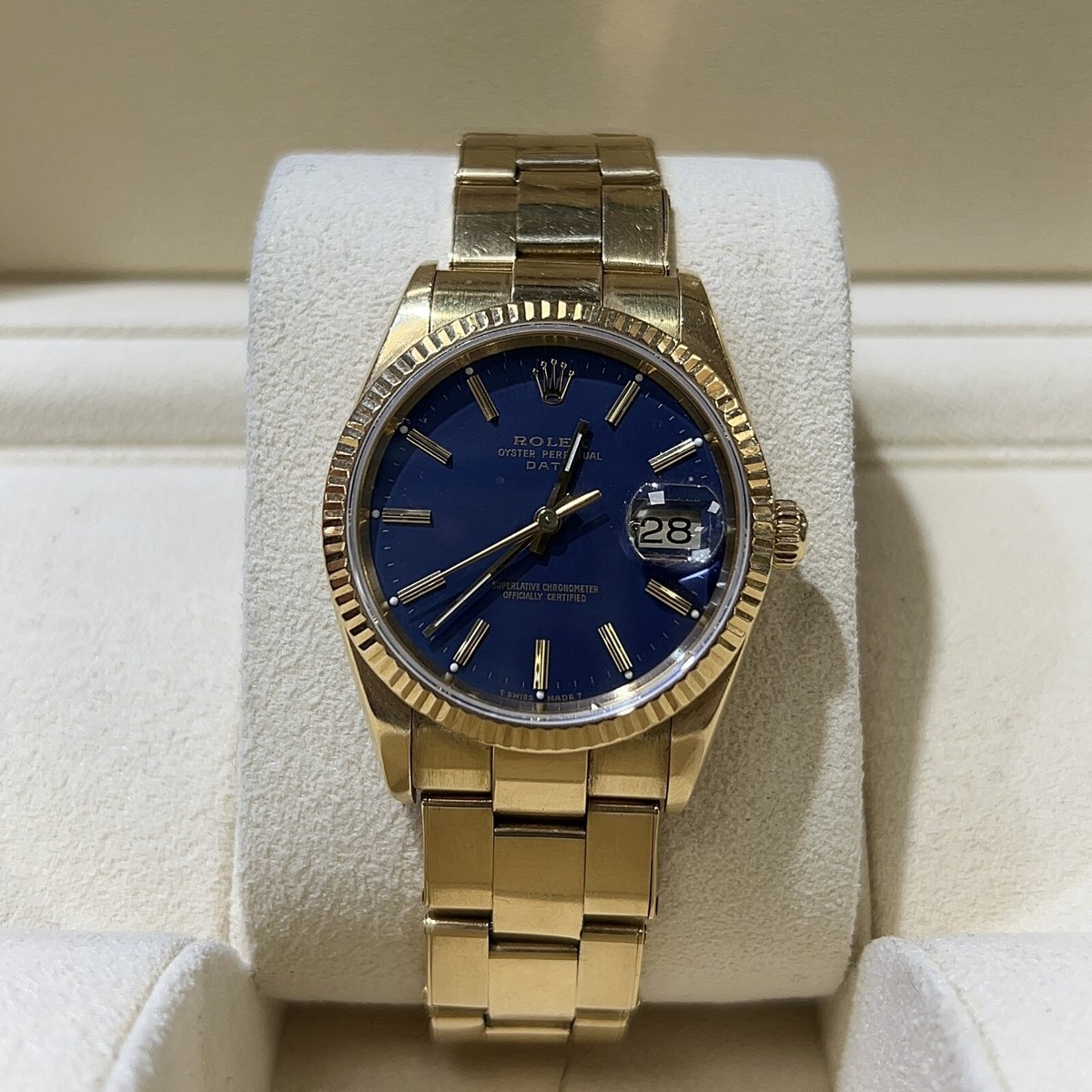 Rolex Oyster Perpetual Date 34MM Blue Dial 18K Solid Gold Ref
