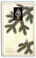 1907-15 Postcard Christmas Greetings Snowman Ornament Inset Candle Pine Leaves