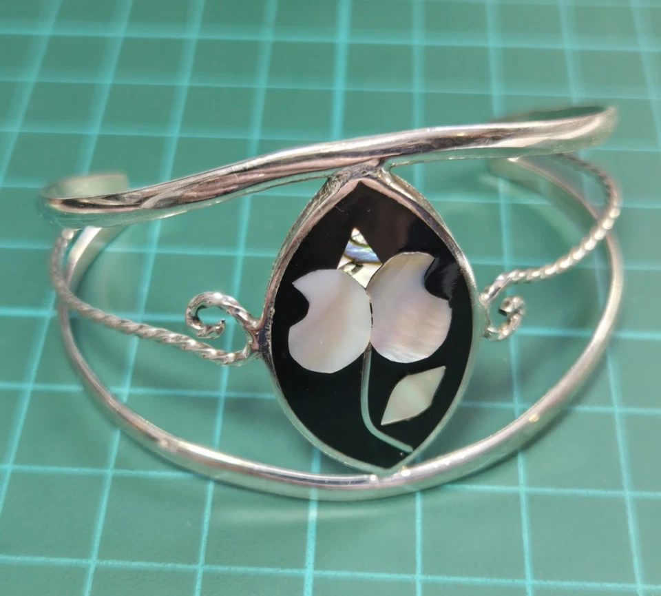 VTG STAMPED ALPACA MEXICO SILVER TONE NON MAG ABALONE PAUA SHELL CUFF BRACELET Foto 3 de 4