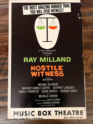 Rare Broadway Flop Hostile Witness Ray Milland Window Card 1966 Poster 14x 22 - 第 1/5 張圖片
