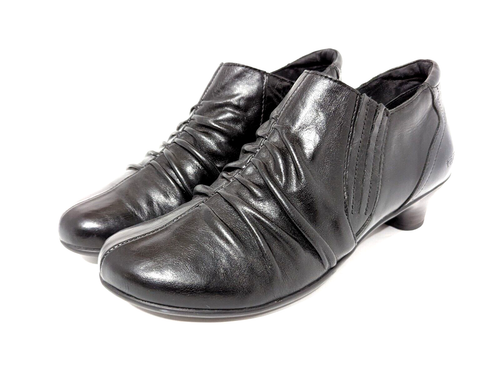 Taos Highness Black Leather Zip Up Block Heel Ankle Boots Womens Size 9 Ruffled - Picture 8 of 14