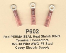 20 Red PERMA SEAL Heat Shrink RING Terminal Connectors 22-18 Wire Gauge 8 Stud