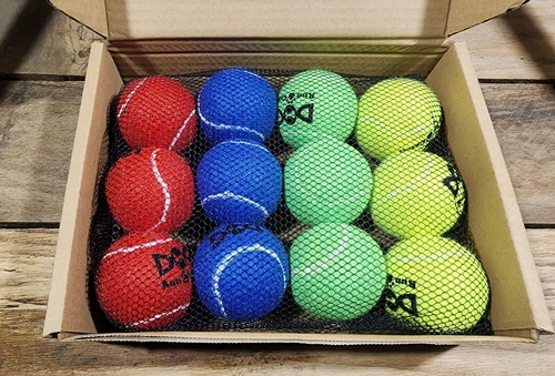 Dog Run & Catch Pet Tennis Balls Pack of 12, 2.5 inch multiple colored balls.