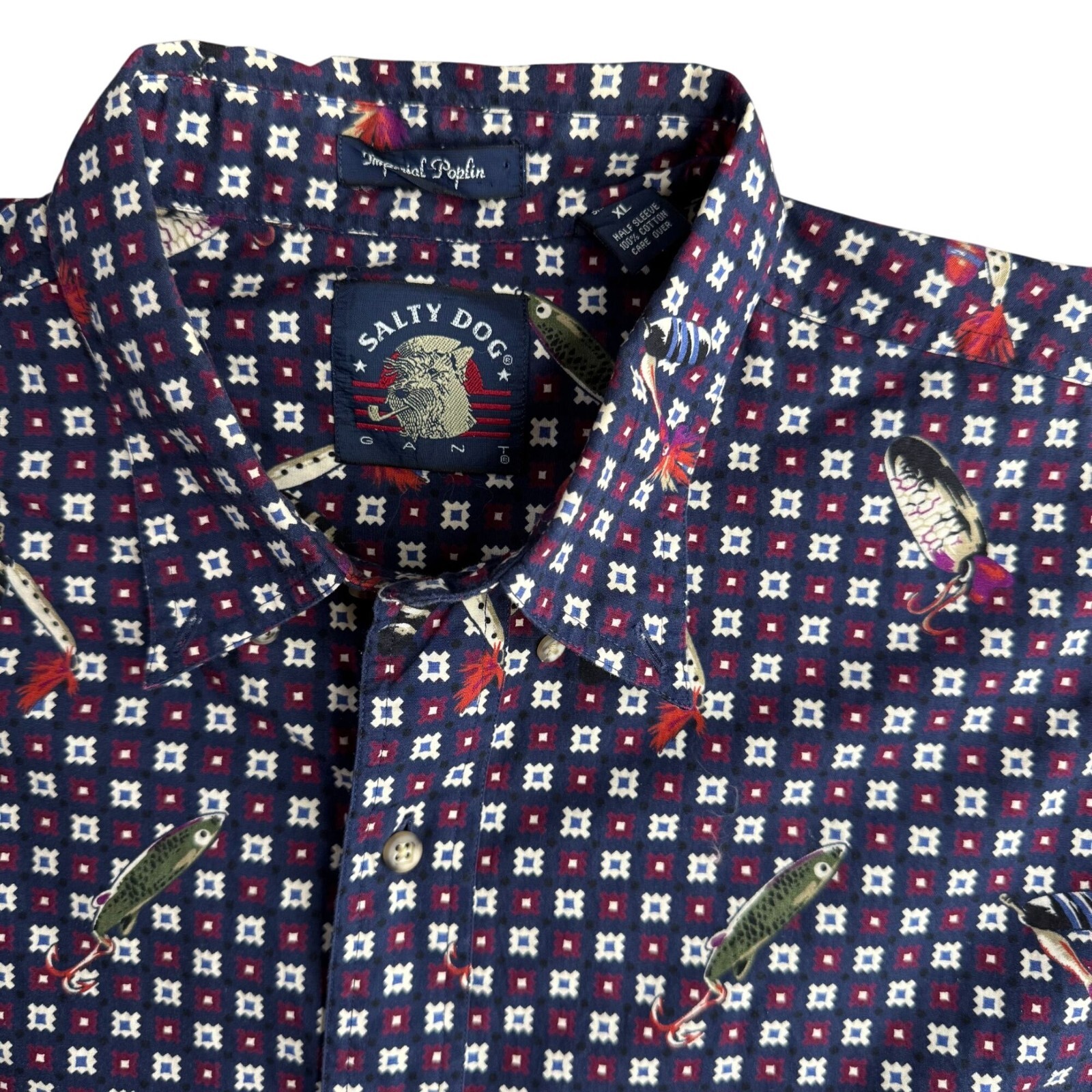 Salty Dog Mens Camp Shirt Fishing Lure L Short Sleeve Button Novelty Vintage