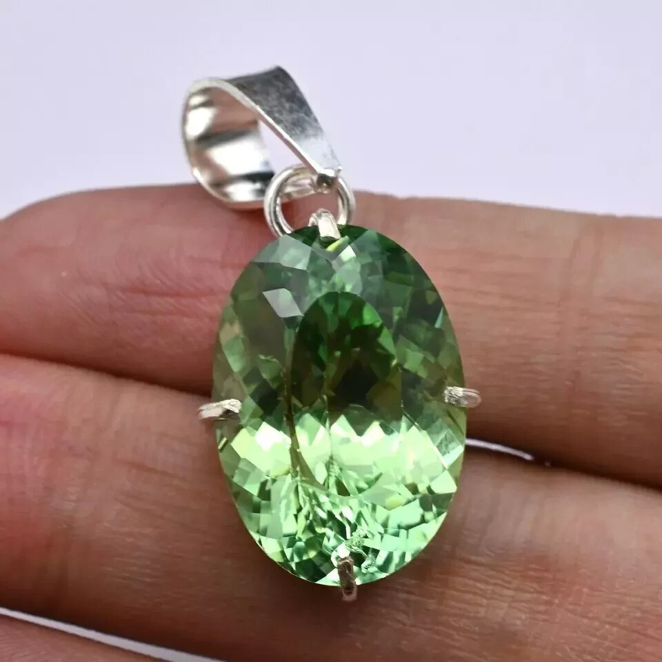 Natural Certified 27 CT Green Tourmaline Pendant in 925 Solid Silver HG Gemstone