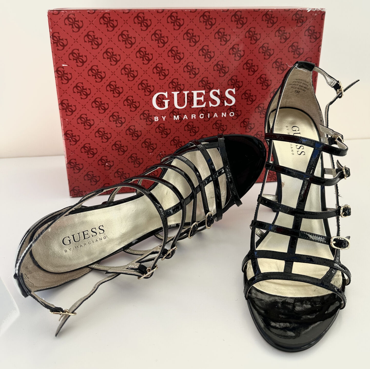 Guess By Marciano Genovieve Patent Leather Strappy Open Toe Heels Sz Black