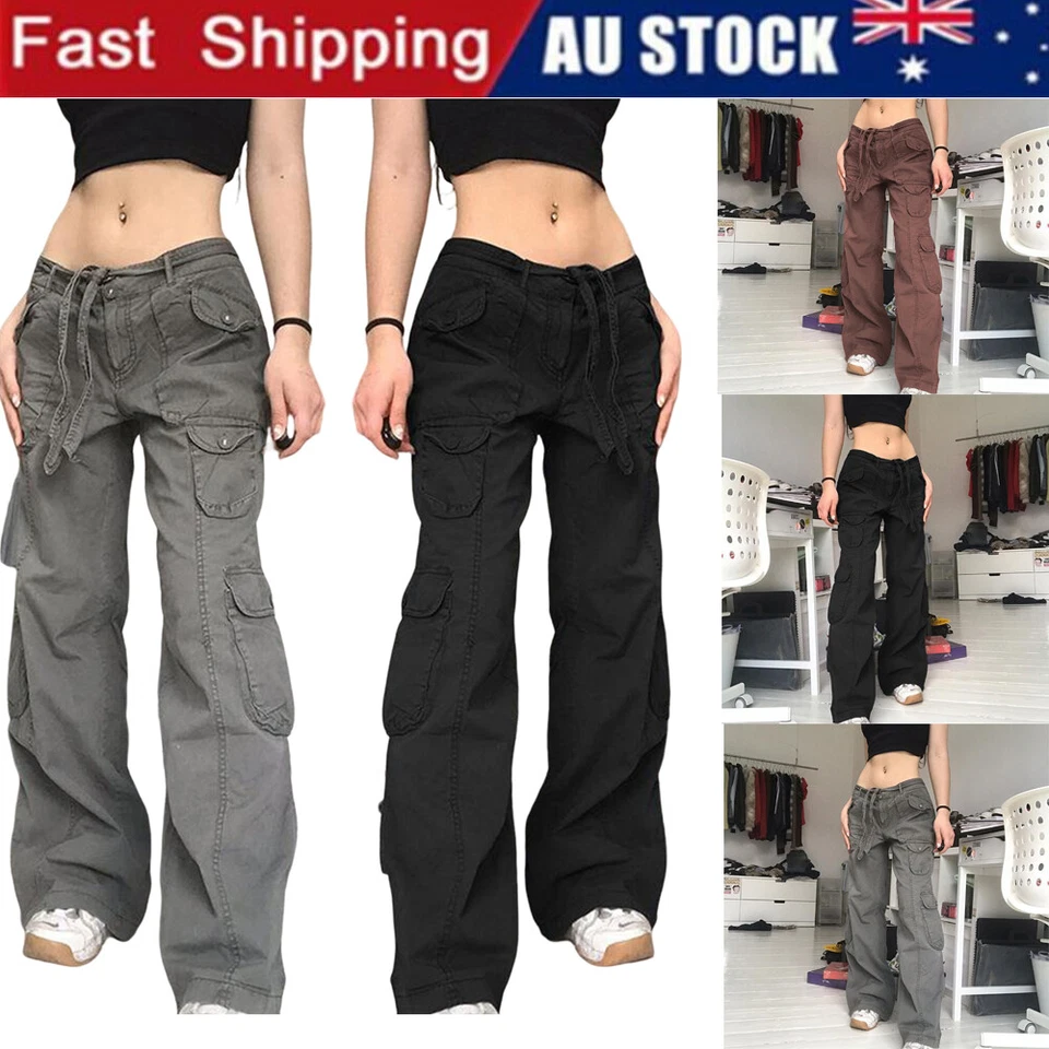Women Casual Cargo Pants Low Waist Vintage Loose Streetwear Baggy Jeans