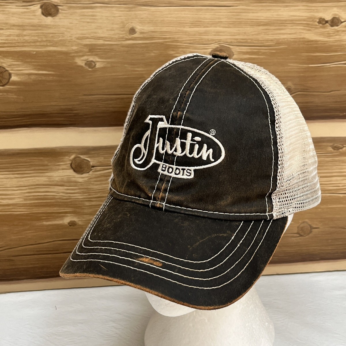 Justin Boots Hat Cap Distressed Strap Back Brown Trucker Mesh