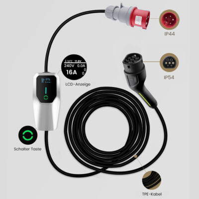 Electric Vehicle Adjustable Current 3 Phase Charger 16A Charging Cable Type 2 6m