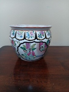  Signed Chinese Porcelain Koi Fish Bowl Planter Jardiniere Antique Famille Rose