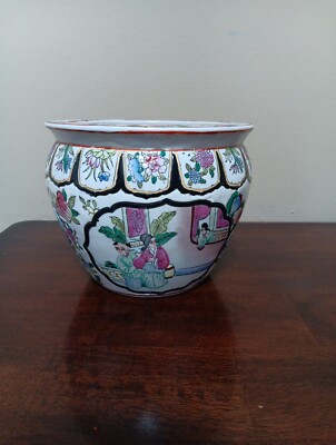  Signed Chinese Porcelain Koi Fish Bowl Planter Jardiniere Antique Famille Rose