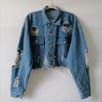 Shein Womens Blue Long Sleeve Ripped Distressed Crop Denim Jacket Size 0XL  US 12
