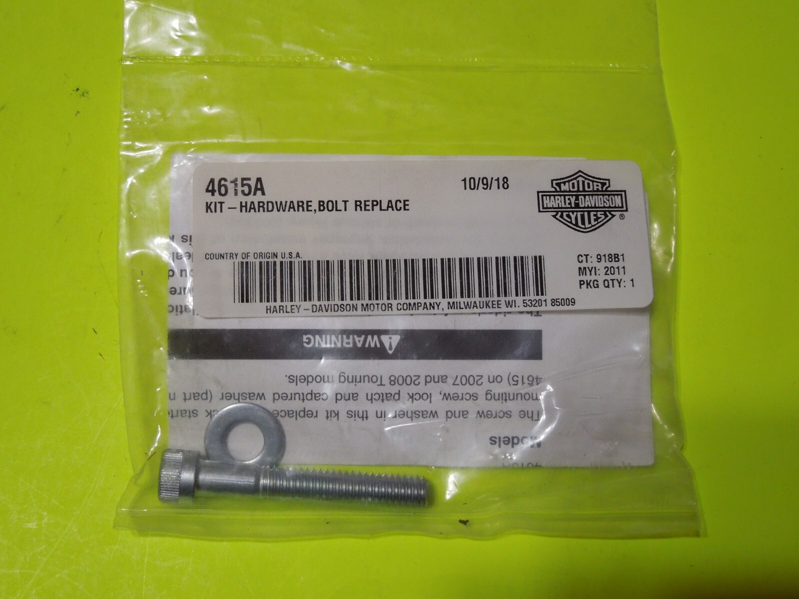 1 NOS OEM Harley Davidson 5/16"18 x 2" Hex Socket Head Screw & Washer