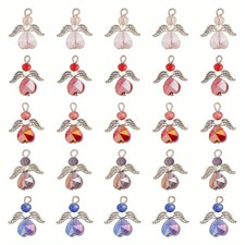 10pcs Glass Pendants Angel Charms with Antique Tone Iron Wings Mixed color